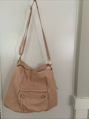 LAGGO Blush Pink Pebbled Leather Shoulder Bag with Studded Front Pocket